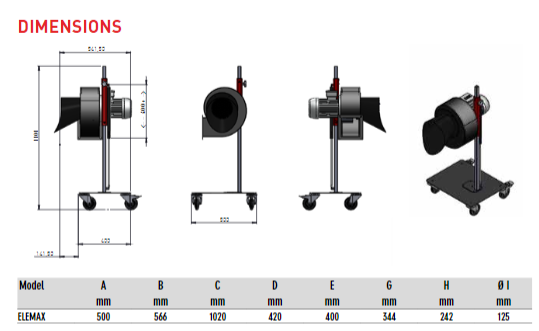 Chart showing dimensions of the Elemax on its stand in different aspects and the accompanying measurements